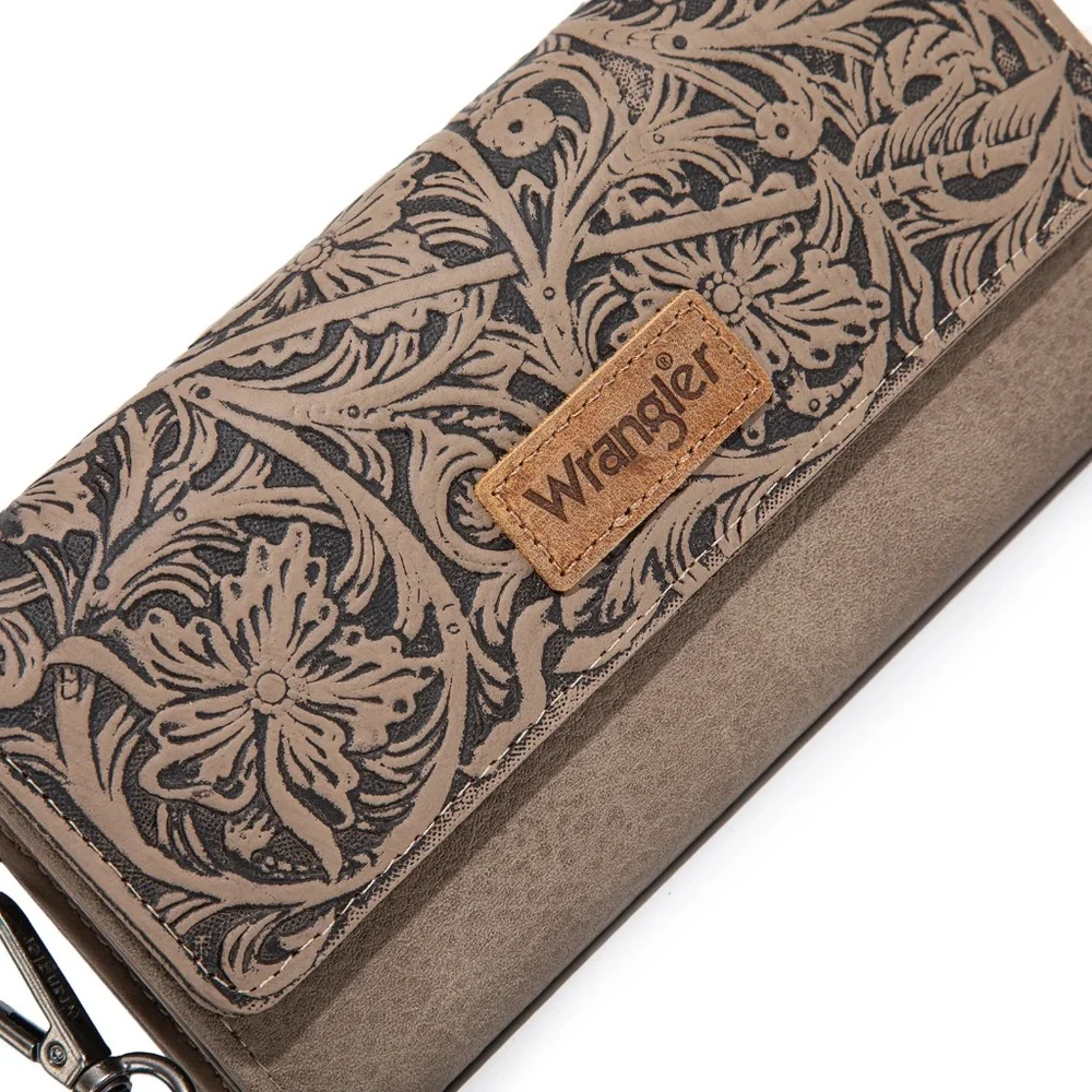 Wrangler Western Floral Tooled Tri-fold RFID Wallet/Wristlet Lime